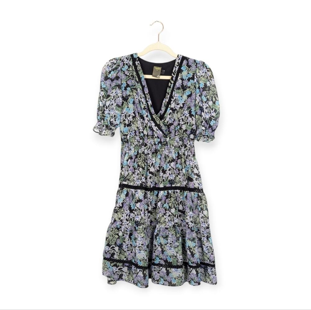 Taylor Mini Dress 2 Blue Purple Floral Chiffon Puff Sleeve Feminine